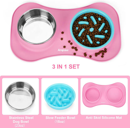 Anipaw Slow Feeder Dog Bowls 3 in 1 Stainless Steel Food and Water Bowls with Non-Spill and Skid Silicone Mat to Slow Down Eating for Large Medium Small Breed Size Dogs and Cats