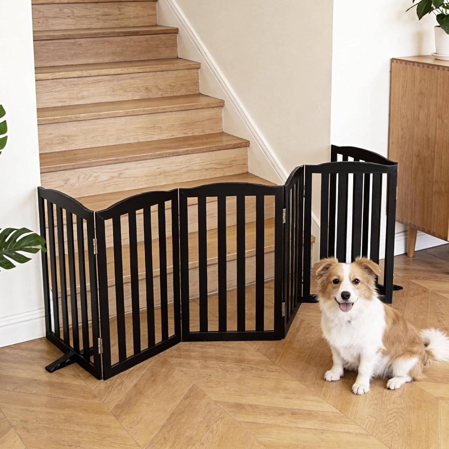 Freestanding Dog Gate Indoor,Doggie Gate Foldable Pet Gates for Doorways,Stairs or Hallways, Wooden Brown Pet Gate for the House, Pet Fence with Support Feet Included,24 "Height-3 Panels