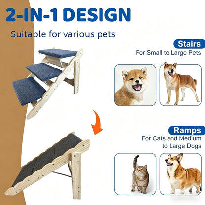 Wooden Dog Stairs, 2-in-1 Floded Flat Design Dog Steps for Beds Cars Couch, Anti-Slip Pet Ramp with 3 Steps, Indoor Pet Stairs for Small Medium Large Pet, up to 150 lbs