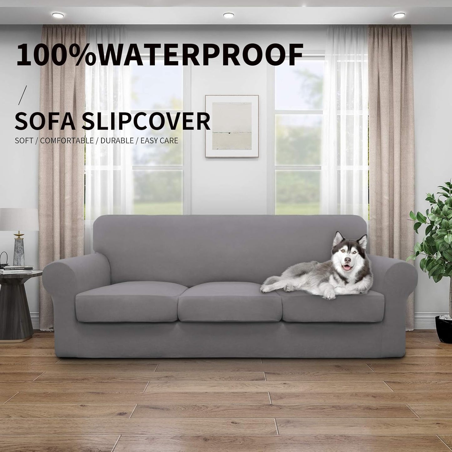 Easy-Going 100% Dual Waterproof 4 Pieces Stretch Soft Couch Cover for Dogs, Sofa Slipcover for 3 Separate Cushion Couch Leakproof Furniture Protector for Kids, Pets Dark Gray