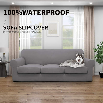 Easy-Going 100% Dual Waterproof 4 Pieces Stretch Soft Couch Cover for Dogs, Sofa Slipcover for 3 Separate Cushion Couch Leakproof Furniture Protector for Kids, Pets Dark Gray