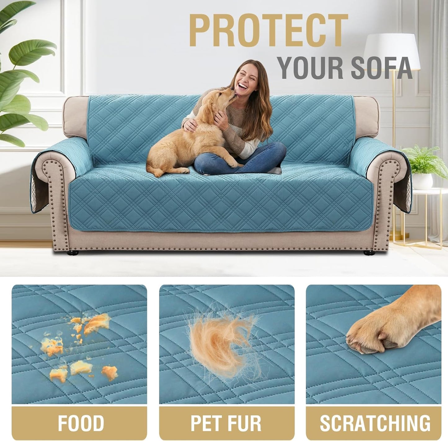 H.VERSAILTEX 100% Waterproof Slipcovers for Couches and Sofas Modern Pet Couch Cover Thick Soft Furniture Protector with Elastic Straps(Sofa, Lily Pad/Beige)