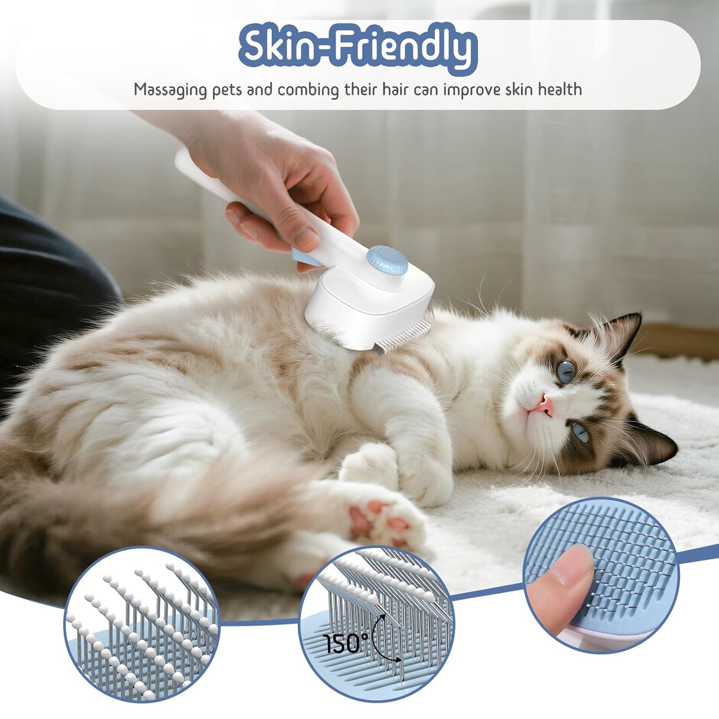 Dog & Cat Brush for Shedding, Self Cleaning Deshedding Brush with Adjustable Bristle Length & Dematting Comb, Skin Friendly Grooming Tool for Long & Medium-Long Hair Pets