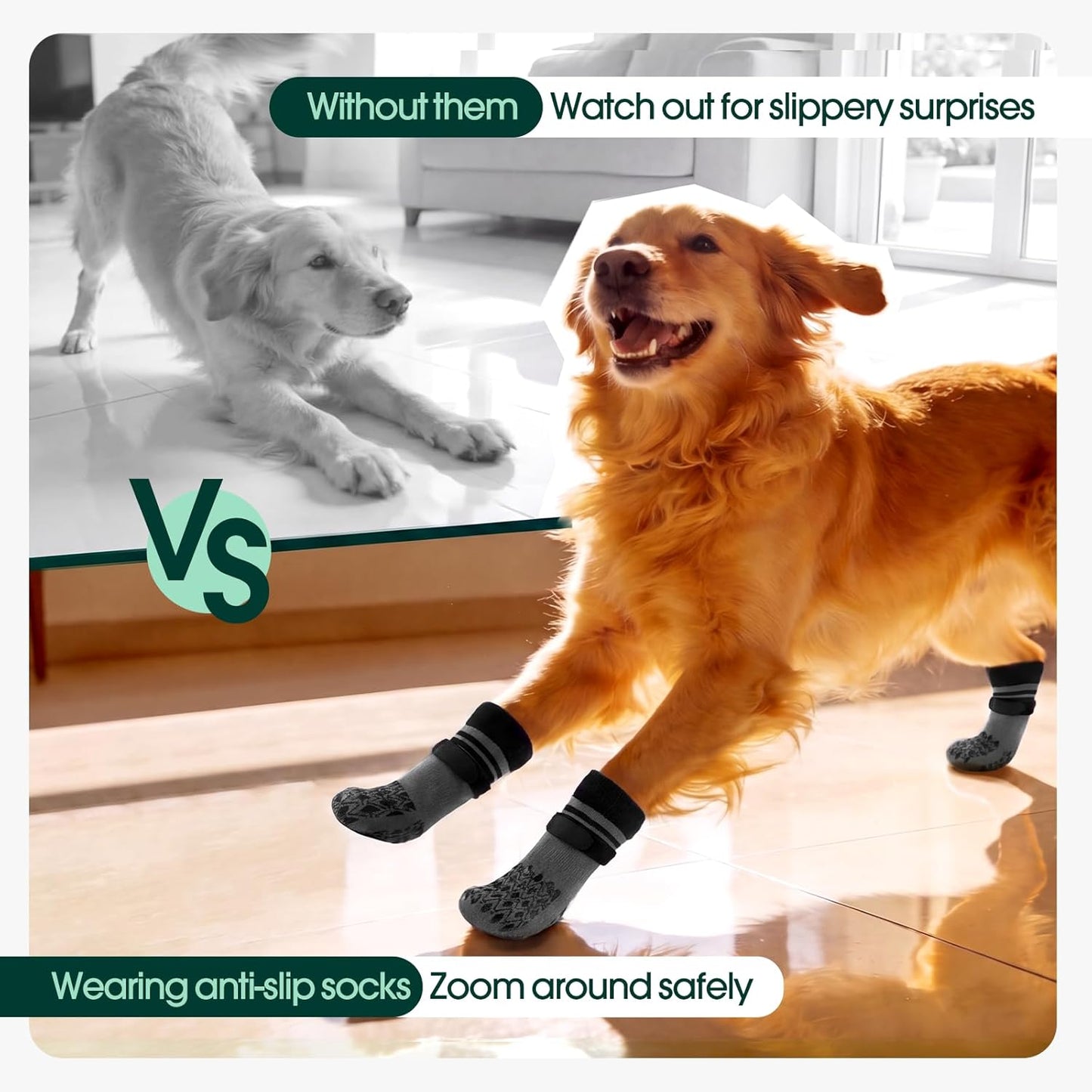 Kuoser Non Slip Dog Socks for Hardwood Floors, Dog Grippy Socks with Double-Sided Traction, Anti Slip Dogs Booties Paw Protectors to Prevent Licking Paws for Small Medium Large Senior Dogs, 4 Pack-M