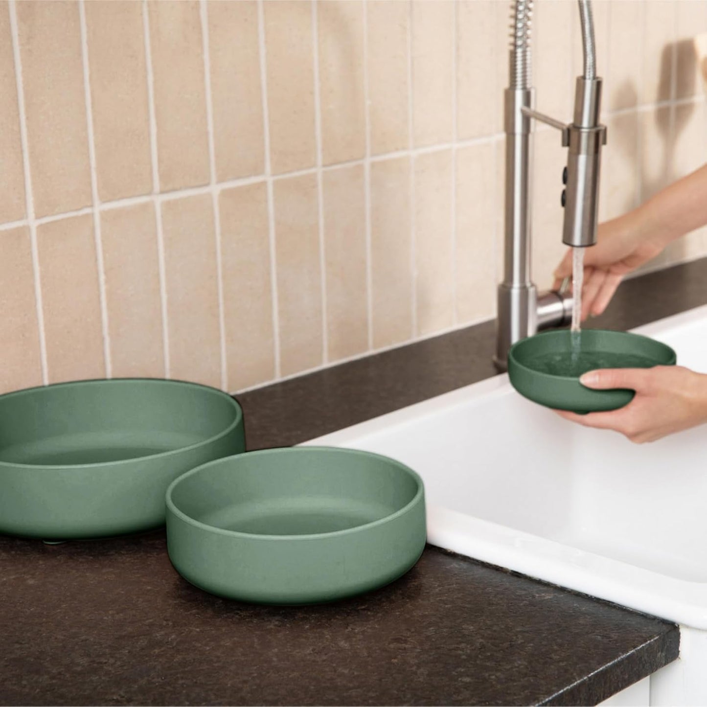 Should We Go? Dog Water Bowl - The Perfect Dish No-Spill, Less Mess Non-Tippable Water & Food Bowl, Pure Silicone with Suction Cup Fits 5 Cups 7.5" Across x 2.25" Tall, Ideal for All Pets, Medium-Sage