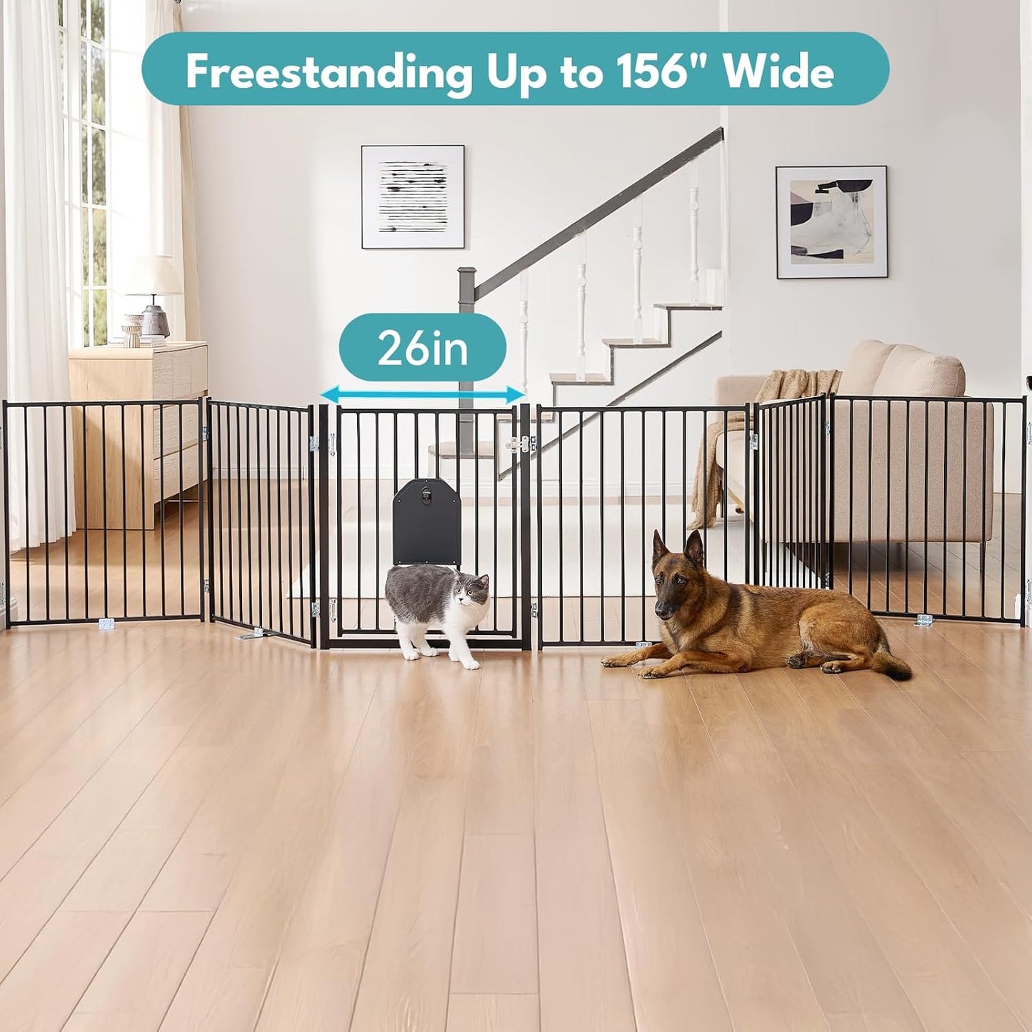 No Pawblems Dog Gate with Cat Door, Free Standing 30'' Tall Foldable Dog Fence for Indoor & Outdoor, Up to 156 Inch Extra Wide Puppy Gate for Stairs, Hallways, Doorways, Deck, Yard (Black, 6 Panels)