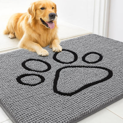 MUDGUARD MAT™ Dog Door Mat with Paw Design for Muddy Paws, Super Absorbent Microfiber, Non-Slip Indoor Mat, Quick-Dry Chenille Rug for Pets & Entryway, Machine Washable, Grey 16" x 24"