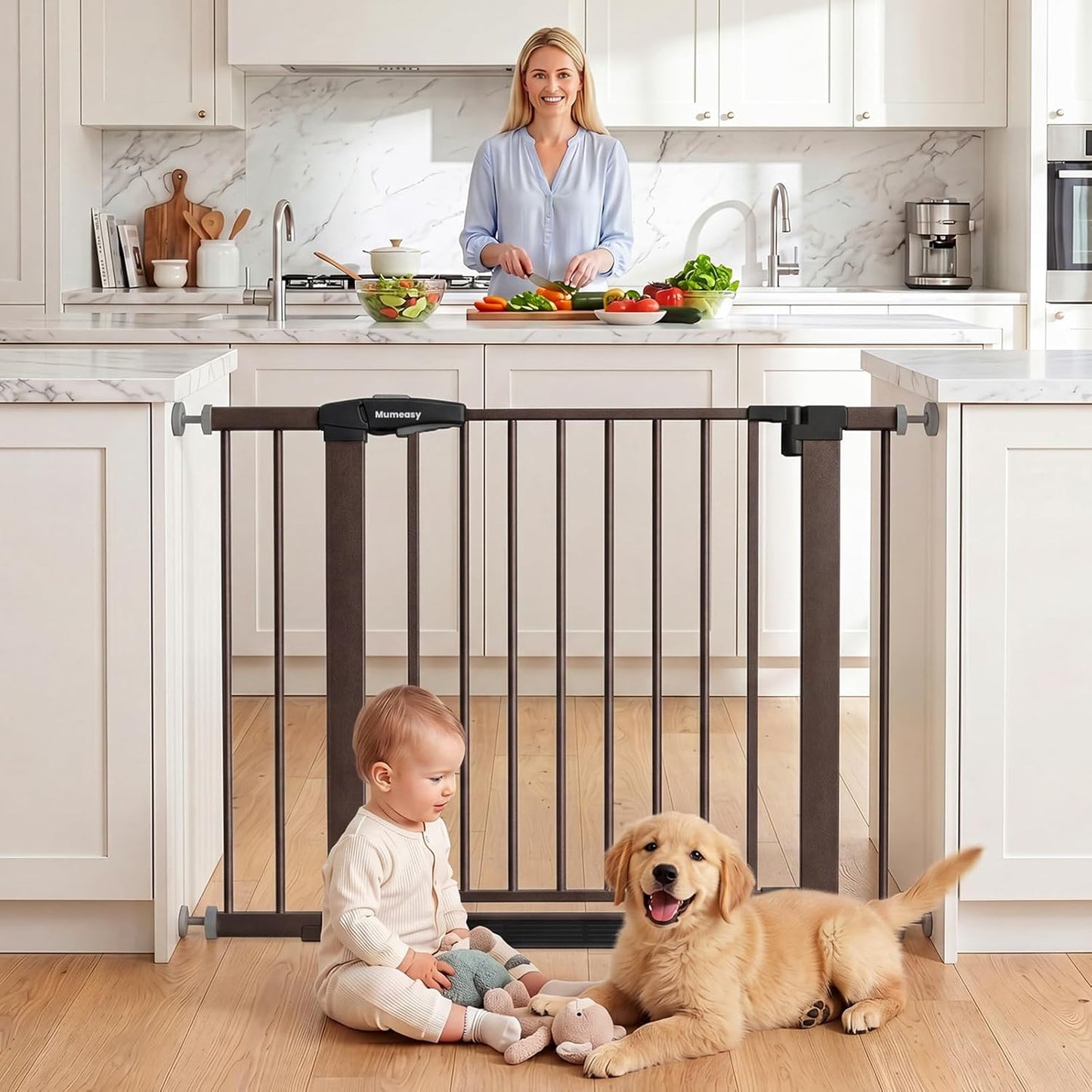 Baby Gate for Stairs, 29.7-40.6" Auto Close Dog Gate Indoor for Doorways, Dual-Lock Design, Adjustable Pet Gate No Drilling with Walk Thru Door for Hallways, Stroller Friendly, Black
