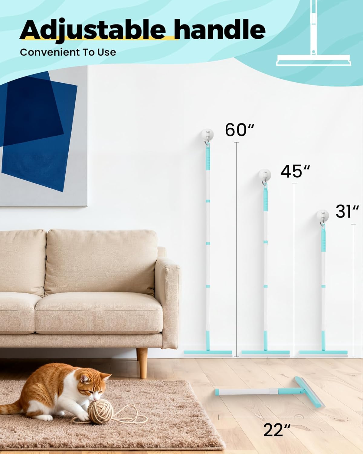 Carpet Rake for Pet Hair Removal Tool - 4 in 1 Pet Hair Remover Kit for Dog Cat Fur Remover, Contain 60" Adjustable Rubber Broom, Glove, Magic Brush and Scraper for Furniture,Short Pile Carpets, Mats