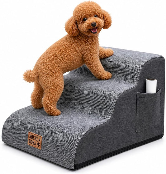 4-Step Dog Stairs for Small Dogs & Cats, 13.8" H Non-Slip Pet Steps with Side Storage Pocket, Sturdy High Density Foam Dog Ramp for Sofa, Couch & Chair, Washable Cover, Grey