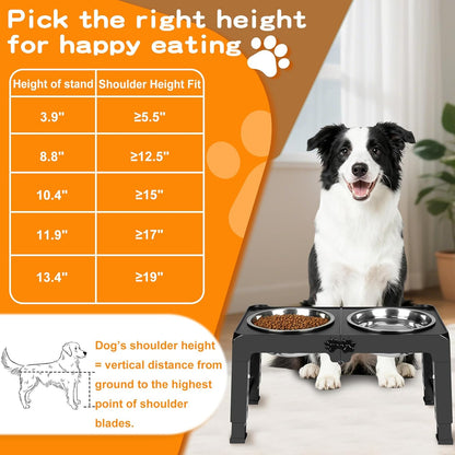 COMESOON Elevated Dog Bowls, 4 Height Adjustable Raised Bowl Stand with 2 Thick 50oz Stainless Steel Food Bowls Non-Slip Feeder Adjusts to 3.7'', 9.2'', 10.75'', 12.36'' Black, (DB-W01)