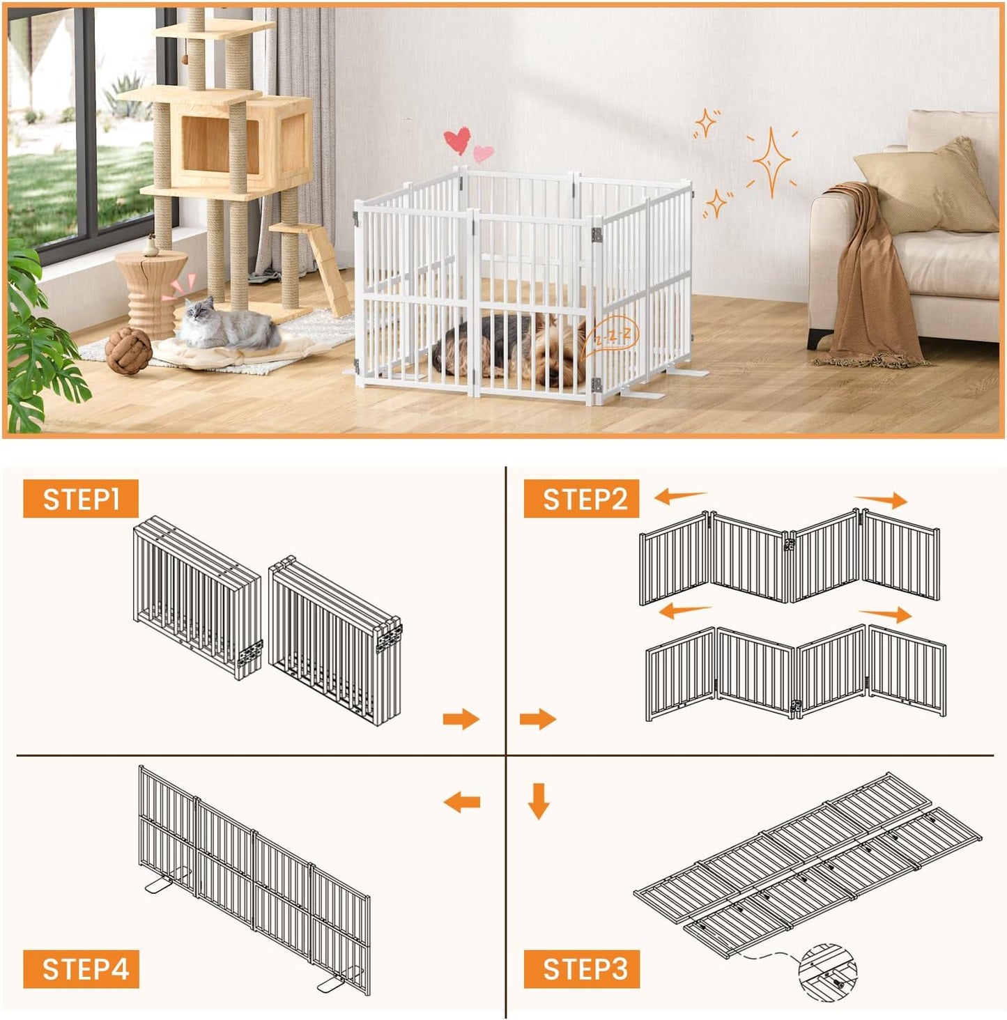 Snughome Short Dog Gate Indoor, 16" High Freestanding Small Dog Door Gates with Support Feet, Expands Up to 48’’ Wide Foldable Pet Gate for Doorway, 4 Panel Folding Pet Door Pet Fence for Puppy, White