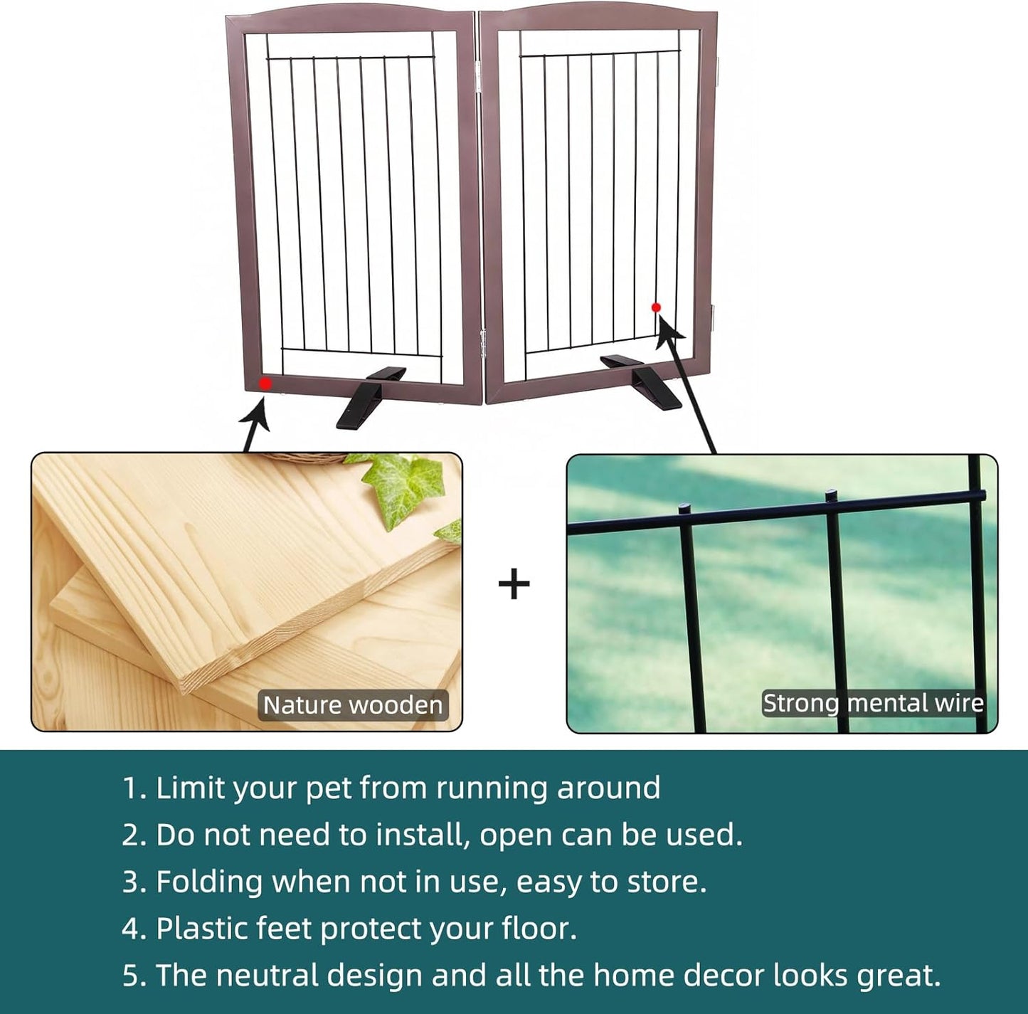 ZJSF Freestanding Dog Fence Indoor, Foldable Dog Gate for Doorways, Stairs or Hallways, Sturdy Wood Extra Wide Pet Gate with Support Feet for The House, White, 24 "Height-3 Panels