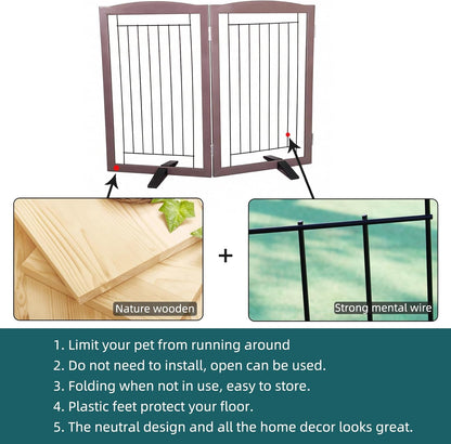 ZJSF Freestanding Dog Fence Indoor, Foldable Dog Gate for Doorways, Stairs or Hallways, Sturdy Wood Extra Wide Pet Gate with Support Feet for The House, White, 24 "Height-3 Panels