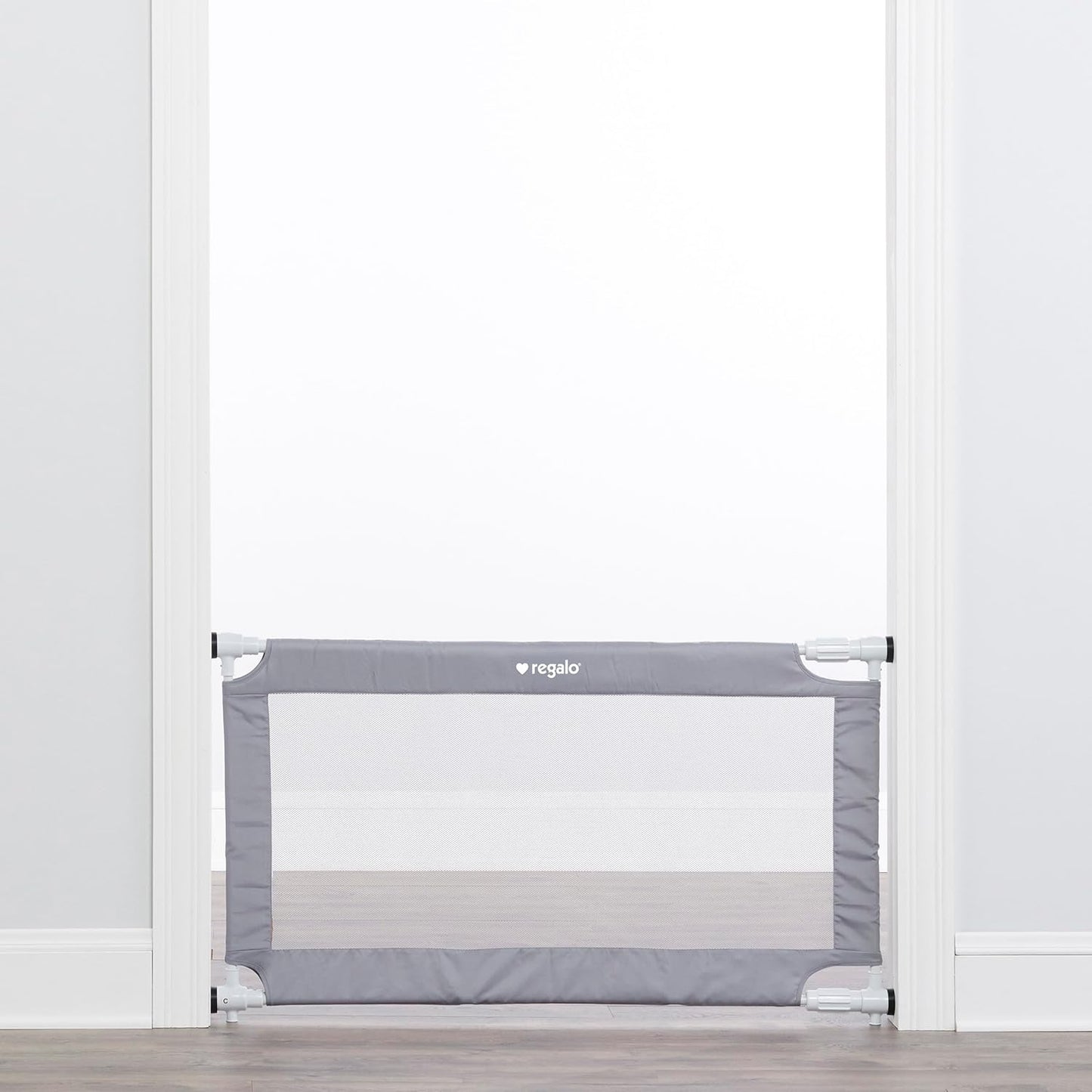 Regalo Safety 27.5-50” Extra Wide Mesh Baby Gate for Doorways & Hallways, Expandable Pressure Mounted Baby Gate for Toddlers & Pets, Includes Rubber Bumpers, Gray