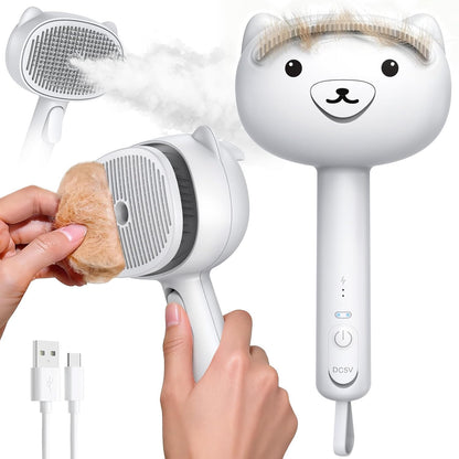 Self Cleaning Shedding Steam Cat Brush, Silicone Scraper Included Dog Brush, primecat, Cat Brushes for Shedding, USB Rechargeable, for Grooming & Haired Pets, Dogs & Cats, White