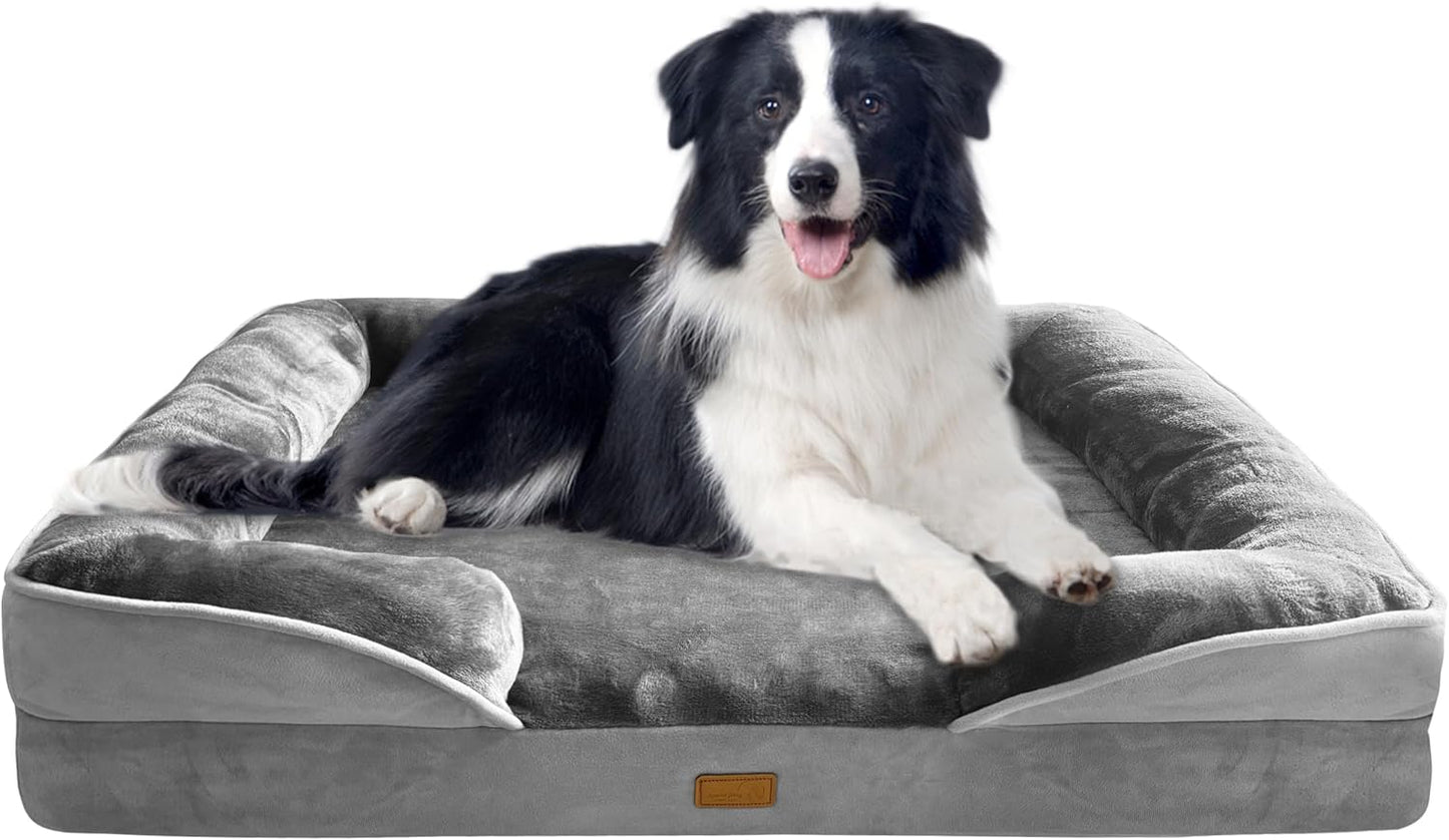Spotted Play Orthopedic Dog Bed with Sides - Dog Sofa Beds for Medium Dogs, Supportive Foam Pet Couch Bed with Washable Removable Cover, Waterproof Lining and Non-Slip Bottom, Grey - M