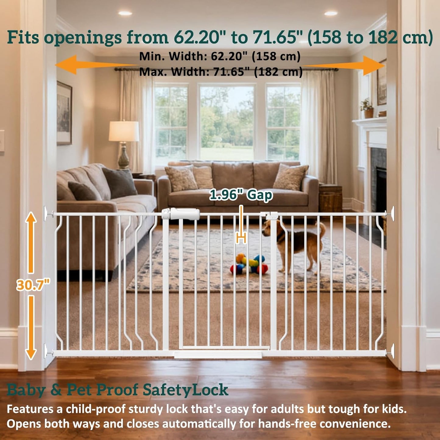 Extra Wide Baby Gates for Doorways 71.65"-85.82" Extra Wide Baby Gate Dog gate Pressure Mounted No Drilling with Walk-Through, Auto-Close & Dual-Direction Swing for Large Wide Opening Black