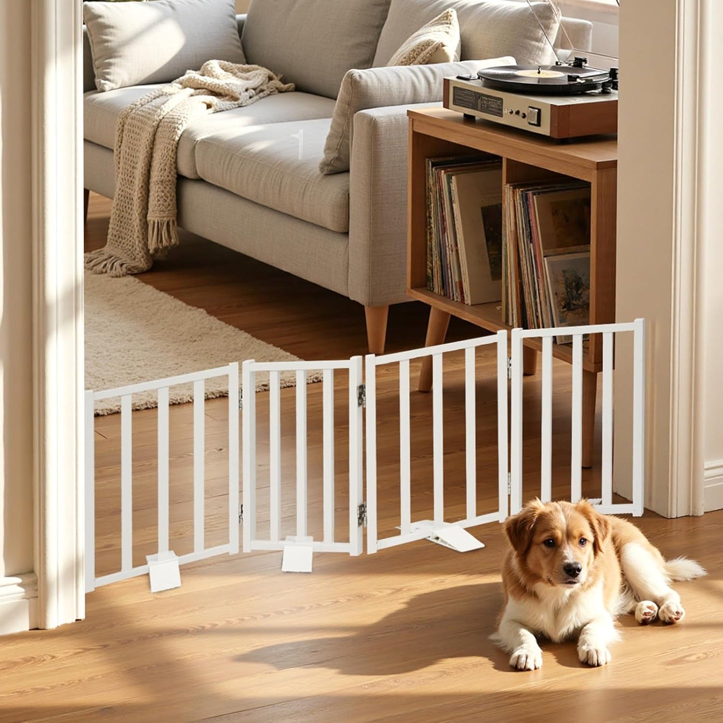 Snagle Paw Short Dog Gate,16.5" Tall Freestanding Metal Dog Gate Only for Small Dogs with Support Feet Easily Step Over,Up to 48" Wide Puppy Gate Indoor for Stairs,Doorways(Black,4 Panel)