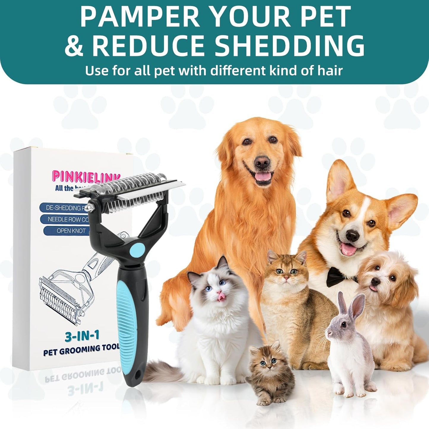 3-IN-1 Pet Grooming Tool - Undercoat Rake, Dematting Comb & Deshedding Brush for Cats & Dogs - Removes Mats, Tangles & Loose Fur, Reduces Shedding & Prevents Hair Mess (Pink)