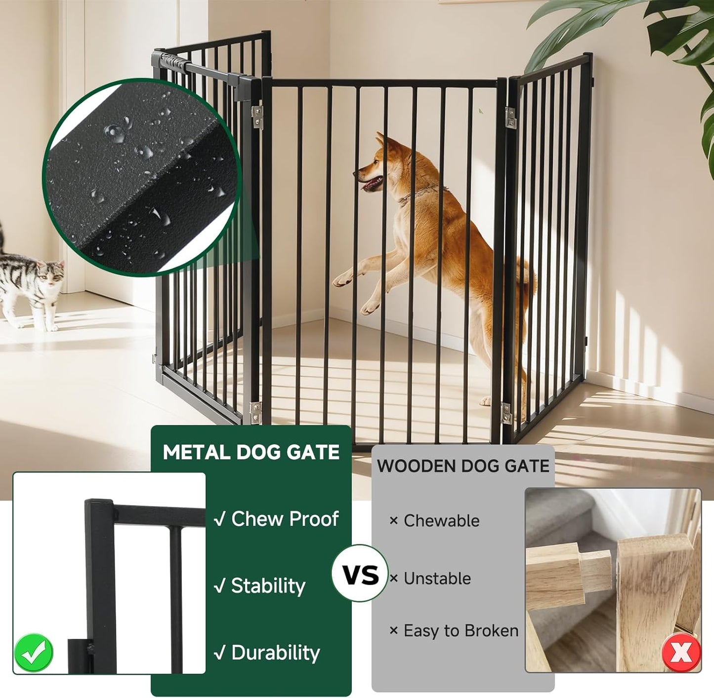 Snagle Paw Full Metal Freestanding Dog Gate,Indoor Dog Gate with Floor Protect Support Feet, 40x24 Inches Foldable Dogs Barrier for Stairs, Hallways and Doorways (24'' H 2 Panel, White
