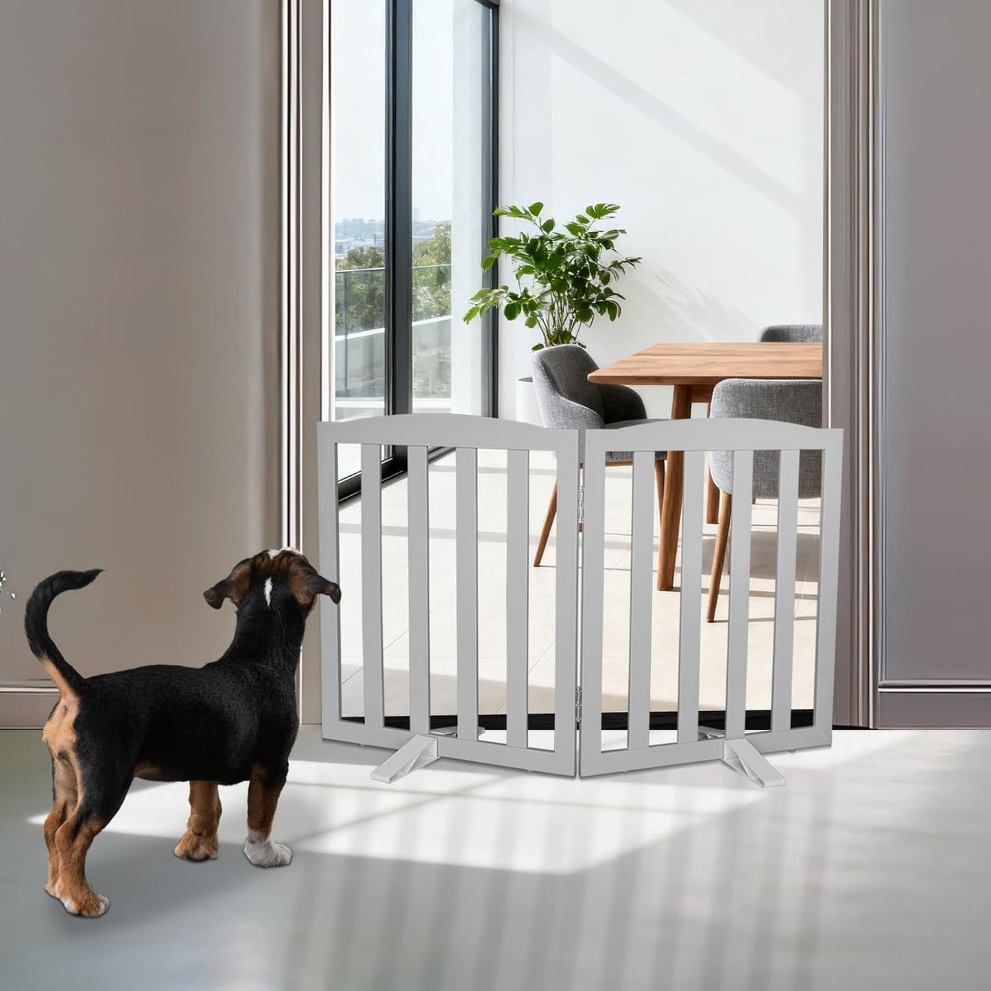 Freestanding Dog Gate Indoor,Doggie Gate Foldable Dog Gates for Doorways,Stairs or Hallways, Wooden White Pet Gate for the House, Pet Fence with Support Feet Included,24 "Height-4 Panels