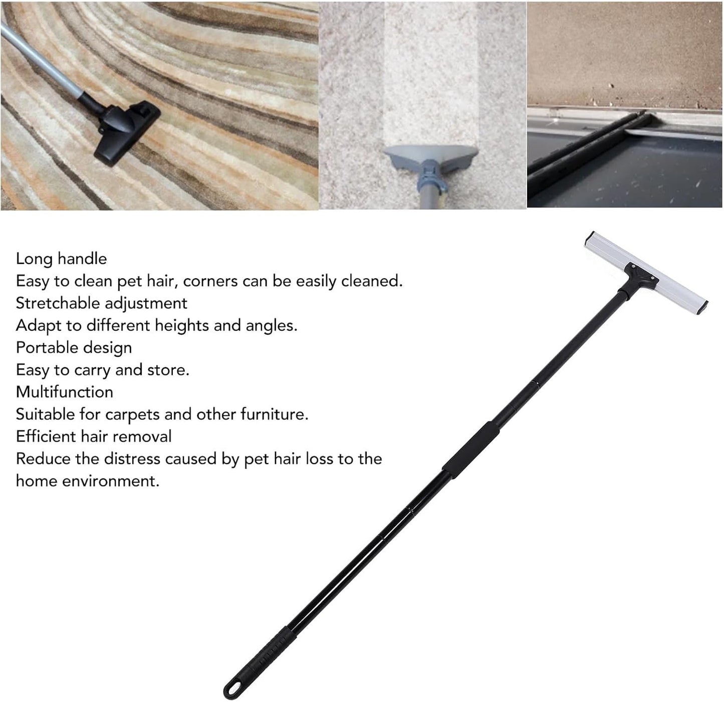 Hair Removal Broom, Handle Carpet Rake, Portable Multifunctional Reusable Tool for Dog Cat Hair Removal, with 4 Accessories, Aluminum Alloy and Iron