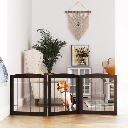PAWLAND Free Standing Dog Gates for The House Stairs Doorways Indoor Foldable Wooden Small White Puppy Pet Gate Step Over Fence 60" W 24" H 3 Panels