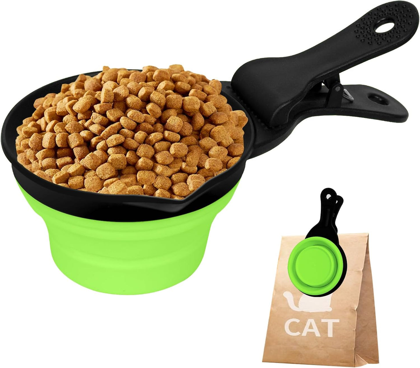 Collapsible Dog Food Scoop Foldable Pet Food Bag Clip 3 in 1 Multi-function Silicone Cat Food Measuring Cup Scoop Dog Food Scooper Pet Food Storage Clip (Green, 1 Cup Capacity(1 Pack))
