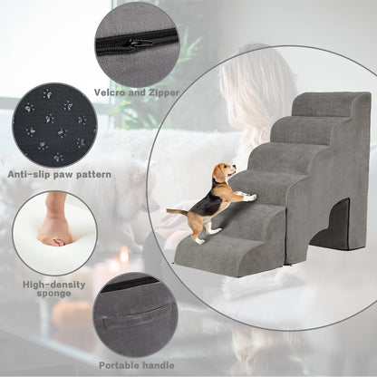 Dog Stairs for High Beds 30-36 inches Tall, 6-Step Dog Steps for Bed 32-36 inches for Small Large Dogs, Doggie Ramp for Bed, 30D Foam Pet Stairs for Old Dogs/Cats, Free-Installation, Grey