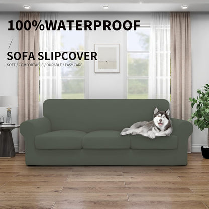 Easy-Going 100% Dual Waterproof 4 Pieces Stretch Soft Couch Cover for Dogs, Sofa Slipcover for 3 Separate Cushion Couch Leakproof Furniture Protector for Kids, Pets Dark Gray