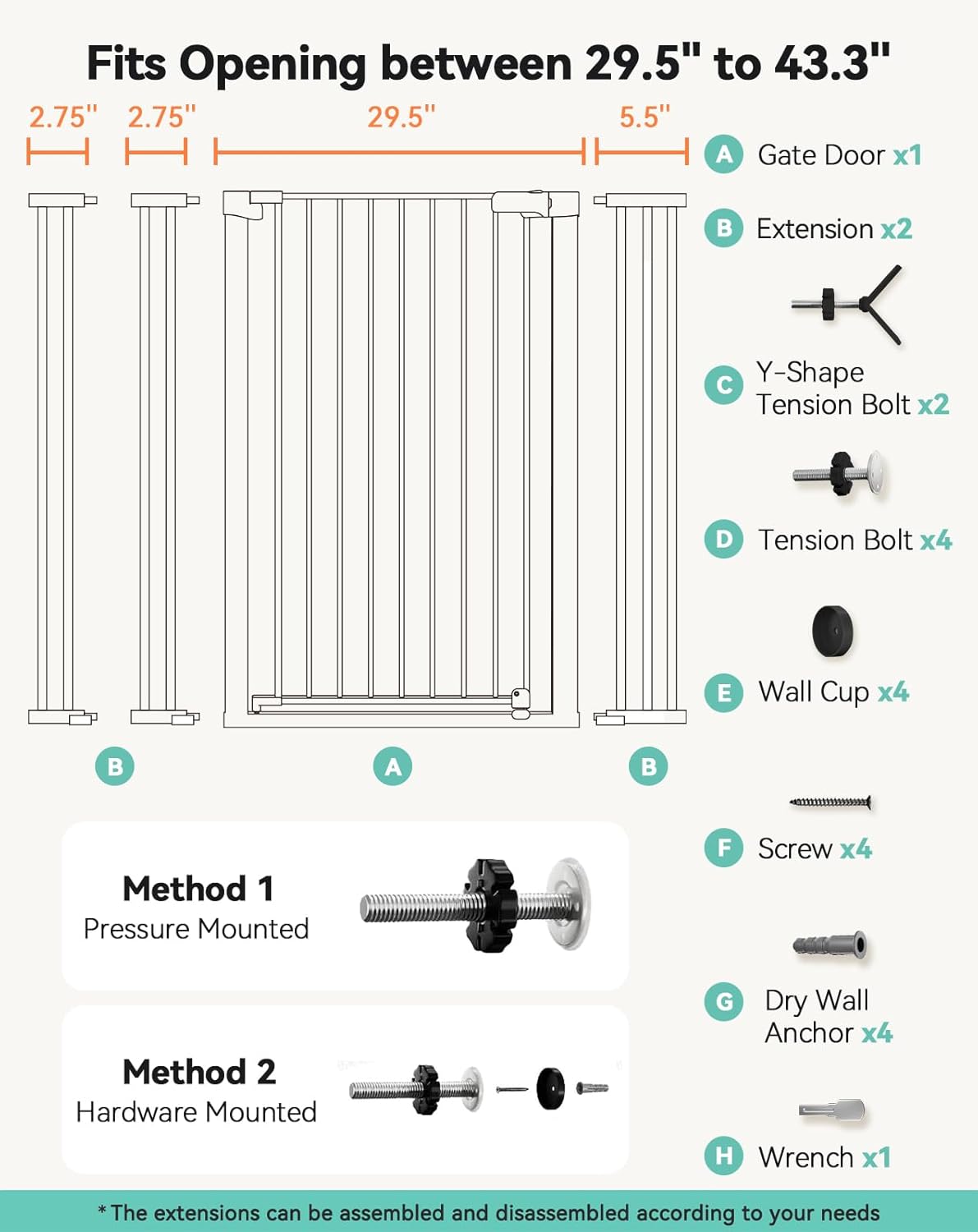 COMOMY 42" Extra Tall Baby Gate for Stairs Doorways, Fits Openings 29.5" to 40.6" Wide, Auto Close Sturdy Safety Dog Gate for House, Pressure Mounted Easy Walk Through Pet Gate with Door, White