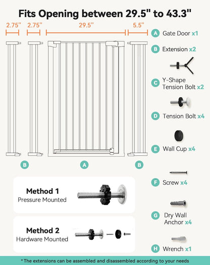 COMOMY 42" Extra Tall Baby Gate for Stairs Doorways, Fits Openings 29.5" to 40.6" Wide, Auto Close Sturdy Safety Dog Gate for House, Pressure Mounted Easy Walk Through Pet Gate with Door, White