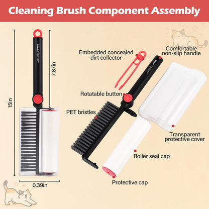 3-in-1 Pet Hair Remover Tool: Soft Dust Brush, Lint Roller for Clothes & Bench Brush with 180° Adjustable Handle, Pet Hair Removal for Dog/Cat Hair on Clothes, Bed, Sofa (2-pack lint roller, One Size)