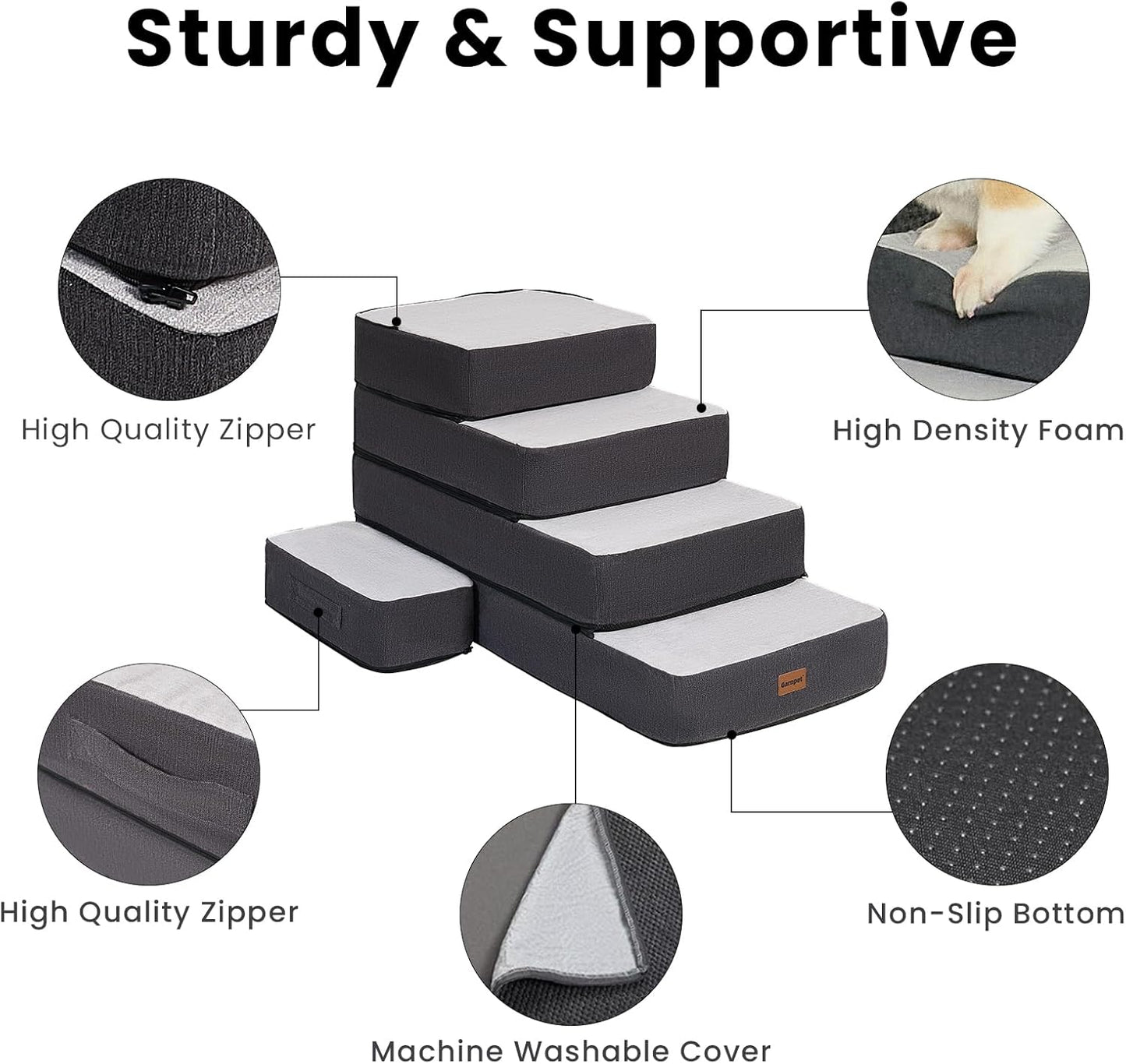 Garnpet 4-Step Adjustable Dog Stairs for Beds, Dog Steps for Small Dogs and Cats, Foldable Pet Stairs for Bed Climbing, Non-Slip Pet Step Indoor, Grey