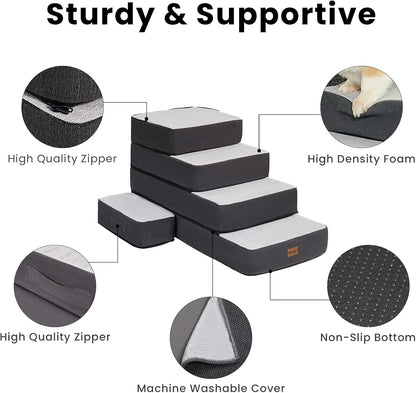 Garnpet 4-Step Adjustable Dog Stairs for Beds, Dog Steps for Small Dogs and Cats, Foldable Pet Stairs for Bed Climbing, Non-Slip Pet Step Indoor, Grey