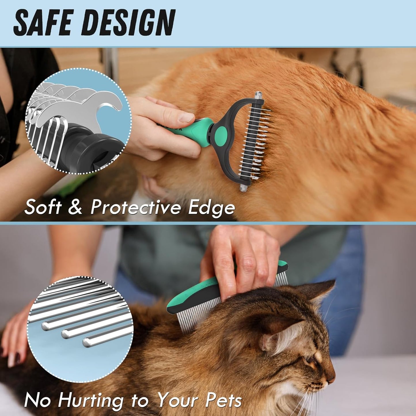Docrok Pet Grooming Combo - Blue Deshedding Brush with Metal Comb for Detangling and Dematting Long, Matted Fur on Cats and Dogs