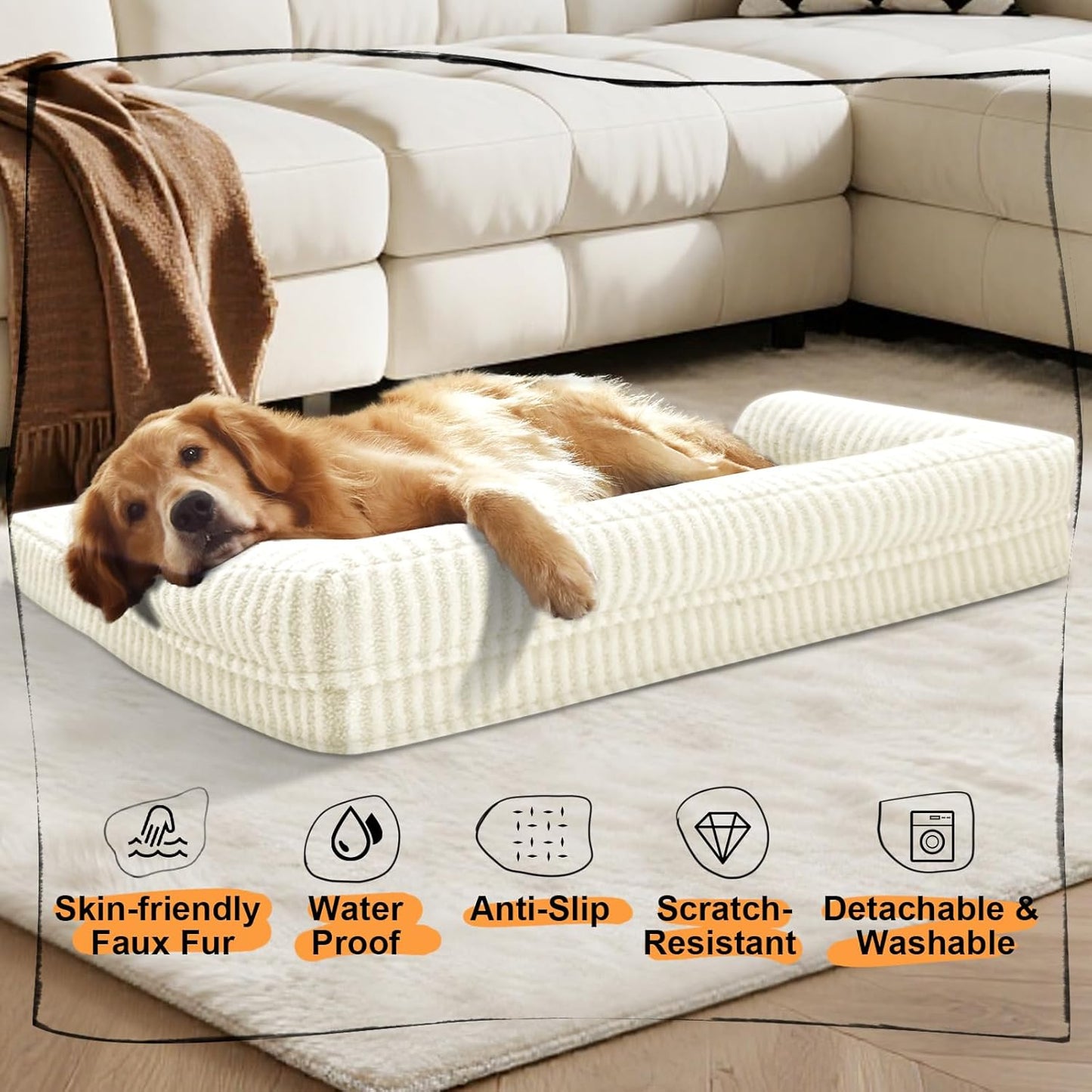 Large Dog Bed Orthopedic Washable - Beds Bolster - Medium XL XLarge Big Dogs - Memory Foam Couch Sofa - Waterproof with Removable Cover