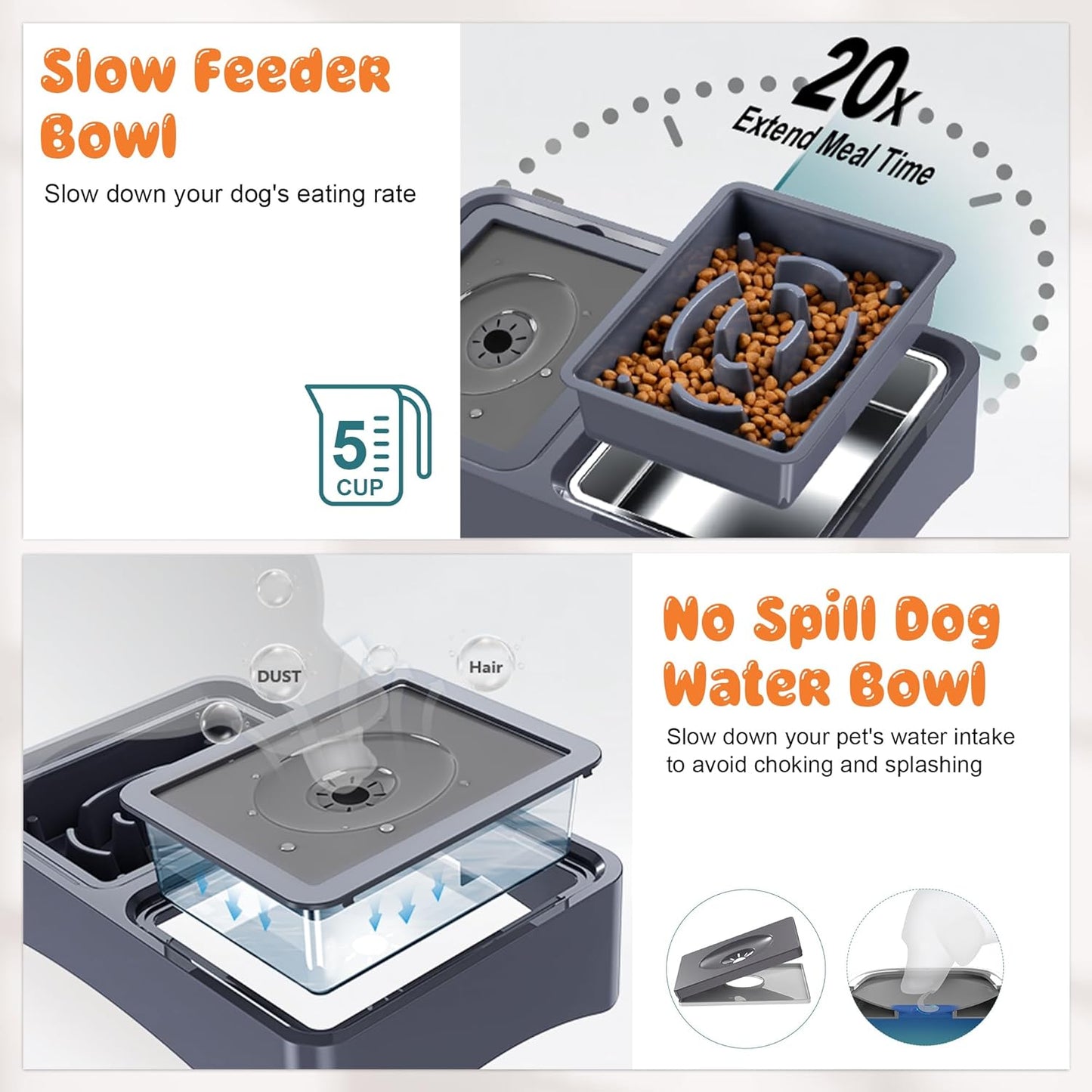 Decflow 3-in-1 Elevated Dog Bowls, 4 Height Adjustable Raised with Stainless Steel, Slow Feeder, No Spill Water Bowl, DIY Stickers Foldable Pet Bowl for Medium Large Dogs