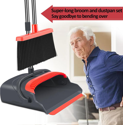 Upgrade Broom and Dustpan Set, Self-Cleaning with Dustpan Teeth, Indoor&Outdoor Sweeping, Ideal for Dog Cat Pets Home Use, Stand Up Broom and Dustpan (Gray&Orange)