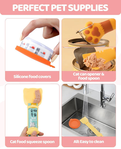 5 PCS Cat Food Can Covers Lids Set, Silicone Pet Food Can Lids with Multi-Function Cat Food Spoon and Opener, Cat Bar Squeezer, Stainless Steel Wet Food Spoon for Cats and Dogs (Pink) (Pink)