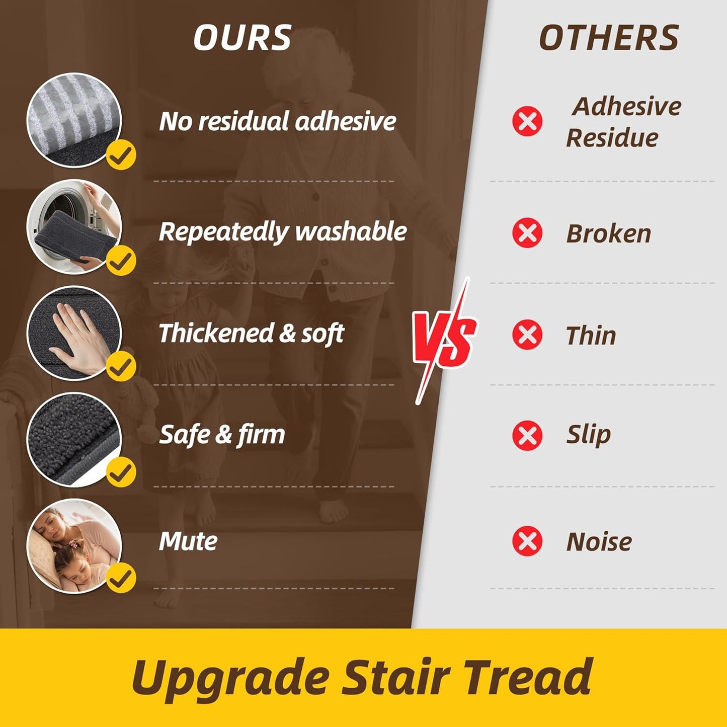 Non-Slip Stair Treads for Wooden Steps Indoor, 15 Pack 8" X 30" Edging Stair Rugs with TPE Backing, Carpet Stair Treads for Kids Elders & Pets, 100% Polyester Soft Stair Runners, Brown