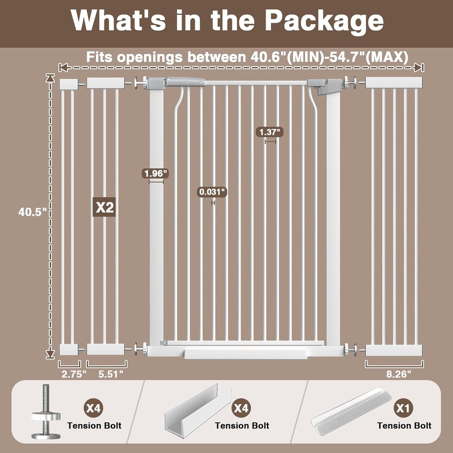 41" Extra Tall Cat Gate for Doorway, 49.2-54.7 Metal Pet Baby Safe Gate, Extra Wide Pressure Mounted Child Door with Expansion Kit, No Drilling No Climb Cat Fence Indoor, Tall Dog Gate, White