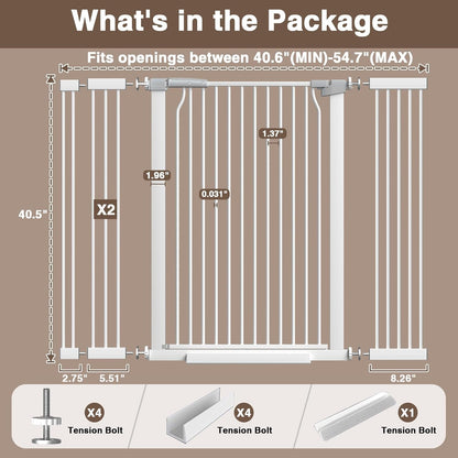 41" Extra Tall Cat Gate for Doorway, 49.2-54.7 Metal Pet Baby Safe Gate, Extra Wide Pressure Mounted Child Door with Expansion Kit, No Drilling No Climb Cat Fence Indoor, Tall Dog Gate, White