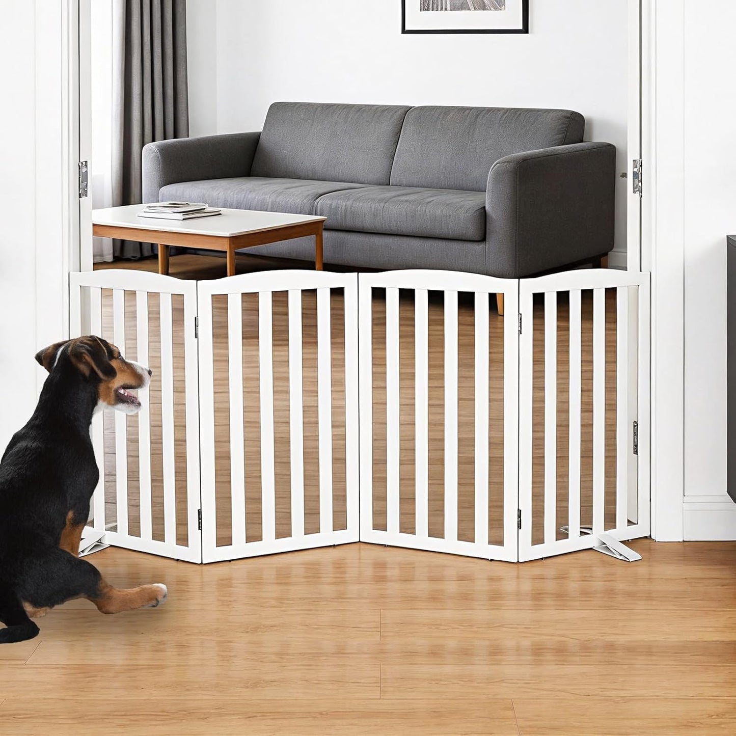 Freestanding Dog Gate Indoor,Doggie Gate Foldable Pet Gates for Doorways,Stairs or Hallways, Wooden Brown Pet Gate for the House, Pet Fence with Support Feet Included,24 "Height-3 Panels