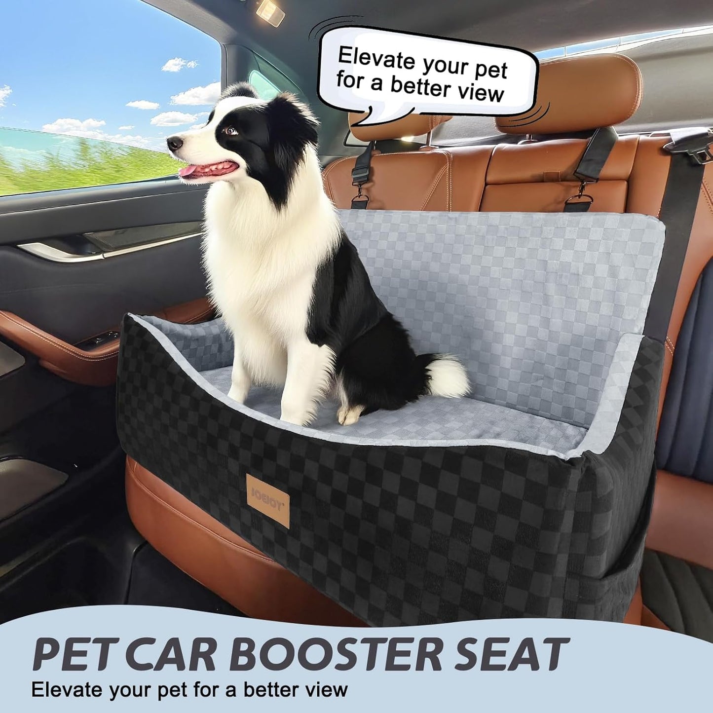 JOEJOY Elevated Dog Car Seat for Small/Medium Dogs up to 35 lbs, Memory Foam Booster Seat with Detachable Washable Cover, Travel-Safe Car Bed with Safety Belts & Storage Pockets, Grey