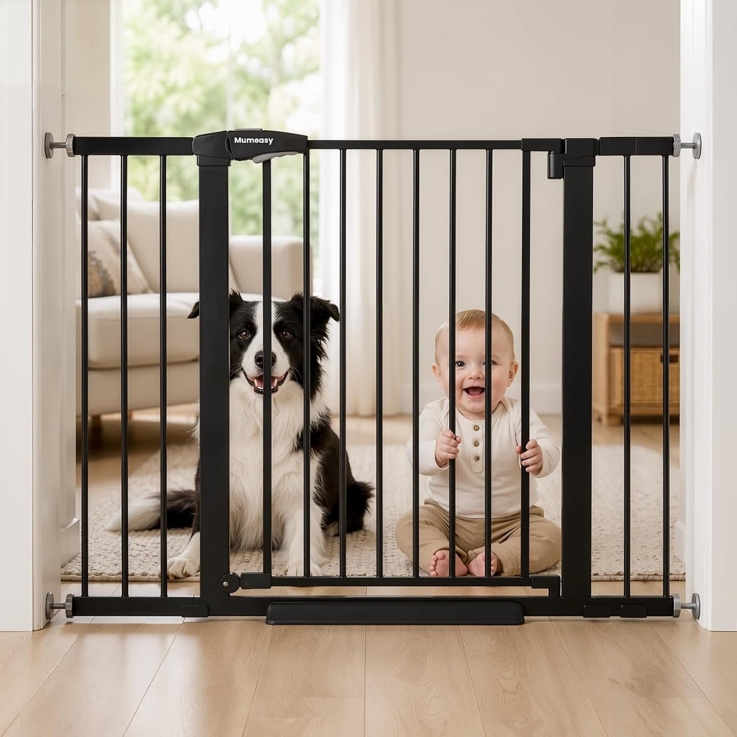 Mumeasy 29.7-46" Baby Gate for Stairs, Pressure Mounted Dog Gate for Doorways, Auto Close Walk Through Pet Gate Indoor, Extra Wide Metal Child Safety Gate, Mom's Choice Awards Winner, Black