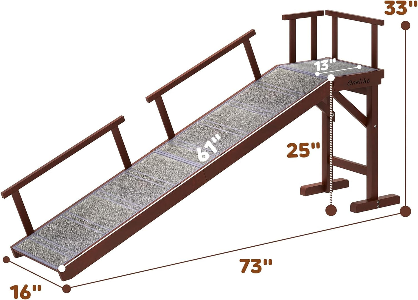 Onelike Wooden Dog Ramp for Bed with Removable Side Rail and Non-Slip Carpet, Stable Pet Ramp Stair for Couch Sofa for Small & Large & Senior Dogs, 74" Long Ramp Brown