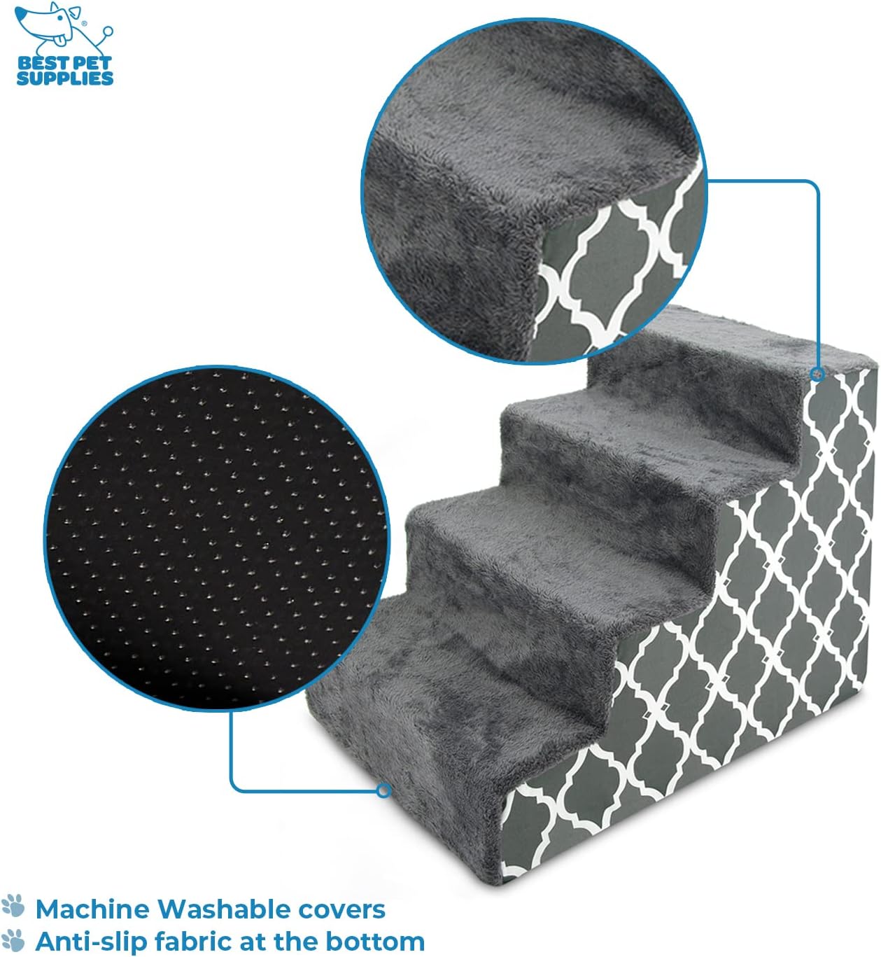 Best Pet Supplies Foam Pet Steps Cover for Small Dogs and Cats, Portable Ramp Stairs for Couch, Sofa, and High Bed Climbing (Cover Only) - Ash Gray Linen, 3-Step (Cover Only)