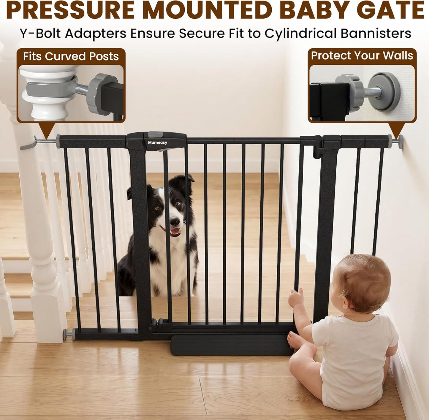 Mumeasy 29.7-46" Baby Gate for Stairs, Pressure Mounted Dog Gate for Doorways, Auto Close Walk Through Pet Gate Indoor, Extra Wide Metal Child Safety Gate, Mom's Choice Awards Winner, Black